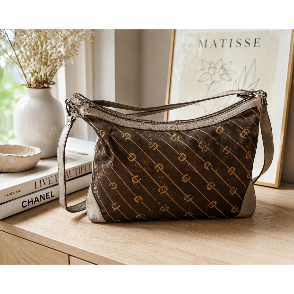 Etienne Aigner Vintage Monogram Logo Shoulder‎ Bag Brown Canvas Leather Trim